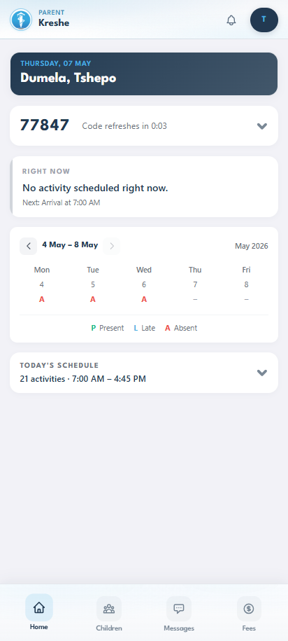 Parent home: greeting, today's code, weekly attendance, today's schedule