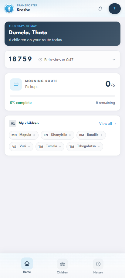 Transporter home: today's morning route, 6 children, pickups progress, child chips